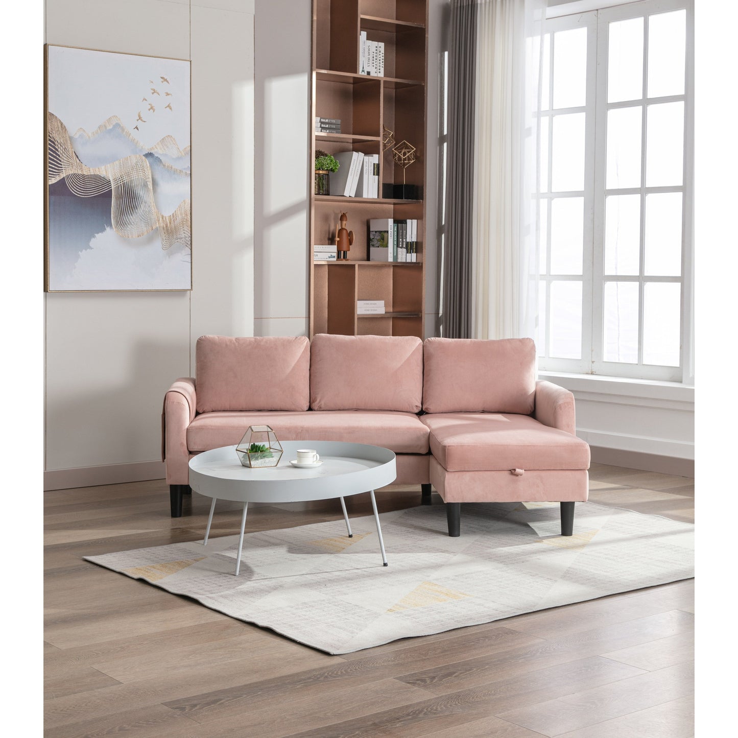 Divano componibile rosa da 72,4'' in poliestere a 3 posti con letto estraibile, chaise longue contenitore e 3 cuscini decorativi