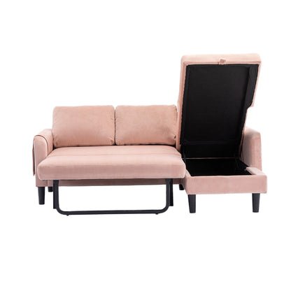 Divano componibile a L in poliestere rosa da 72,4'' a 3 posti con chaise longue contenitore e letto estraibile