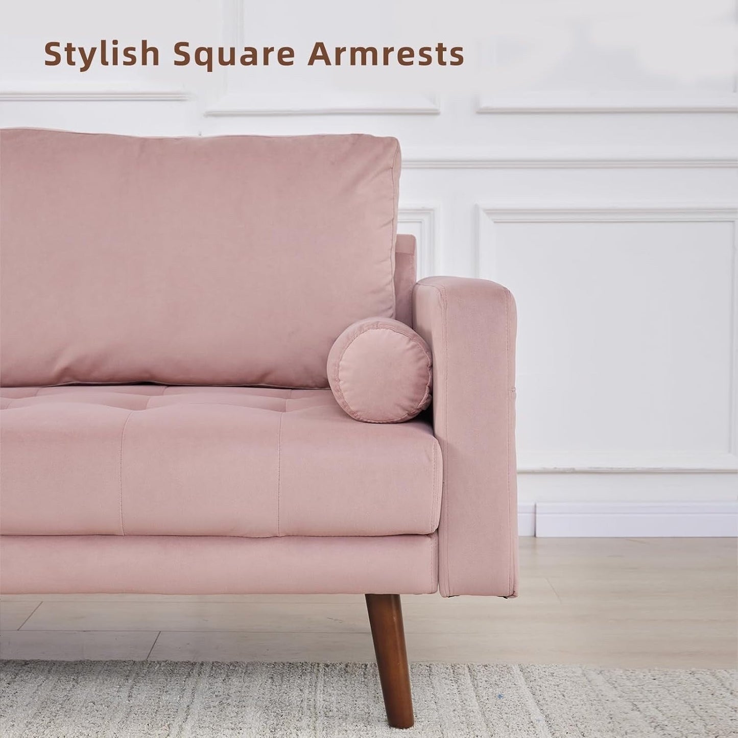 Divano moderno in tessuto rosa da 74'' a 3 posti con schiuma ad alta densità, gambe in legno e tasche portaoggetti