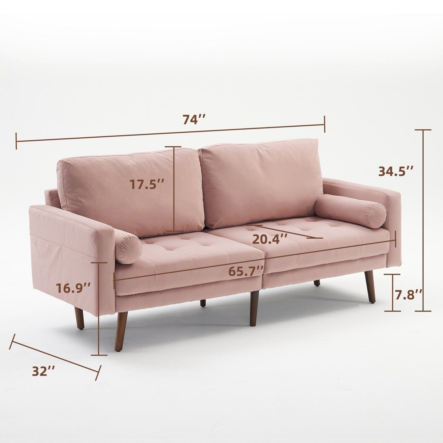 Divano moderno in tessuto rosa da 74'' a 3 posti con schiuma ad alta densità, gambe in legno e tasche portaoggetti