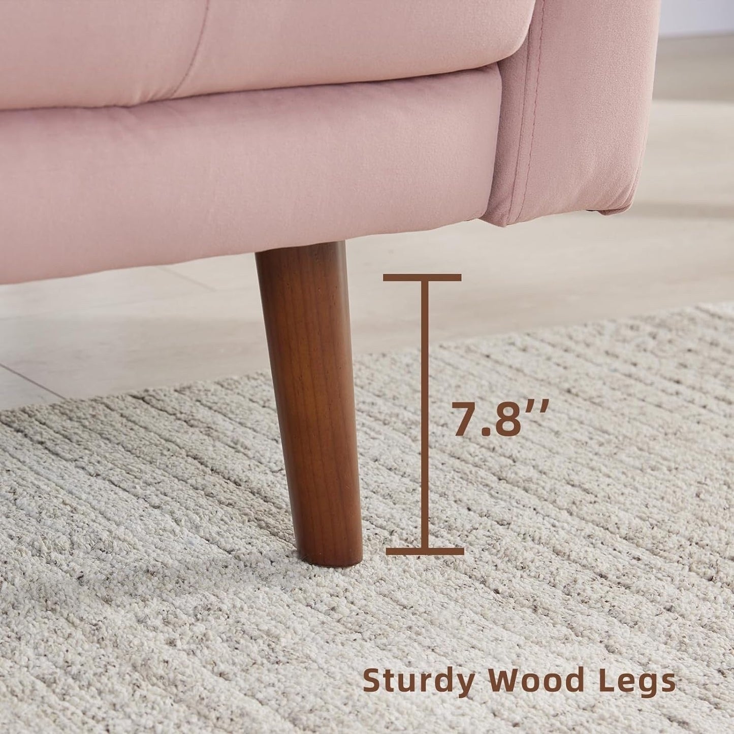 Divano moderno in tessuto rosa da 74'' a 3 posti con schiuma ad alta densità, gambe in legno e tasche portaoggetti