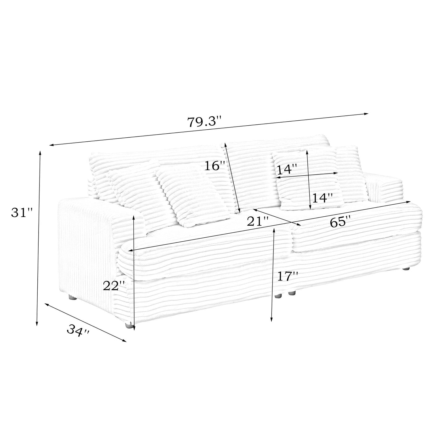Divano a 3 posti in velluto a coste rosa 79.3 con 4 cuscini decorativi e cuscino a molla