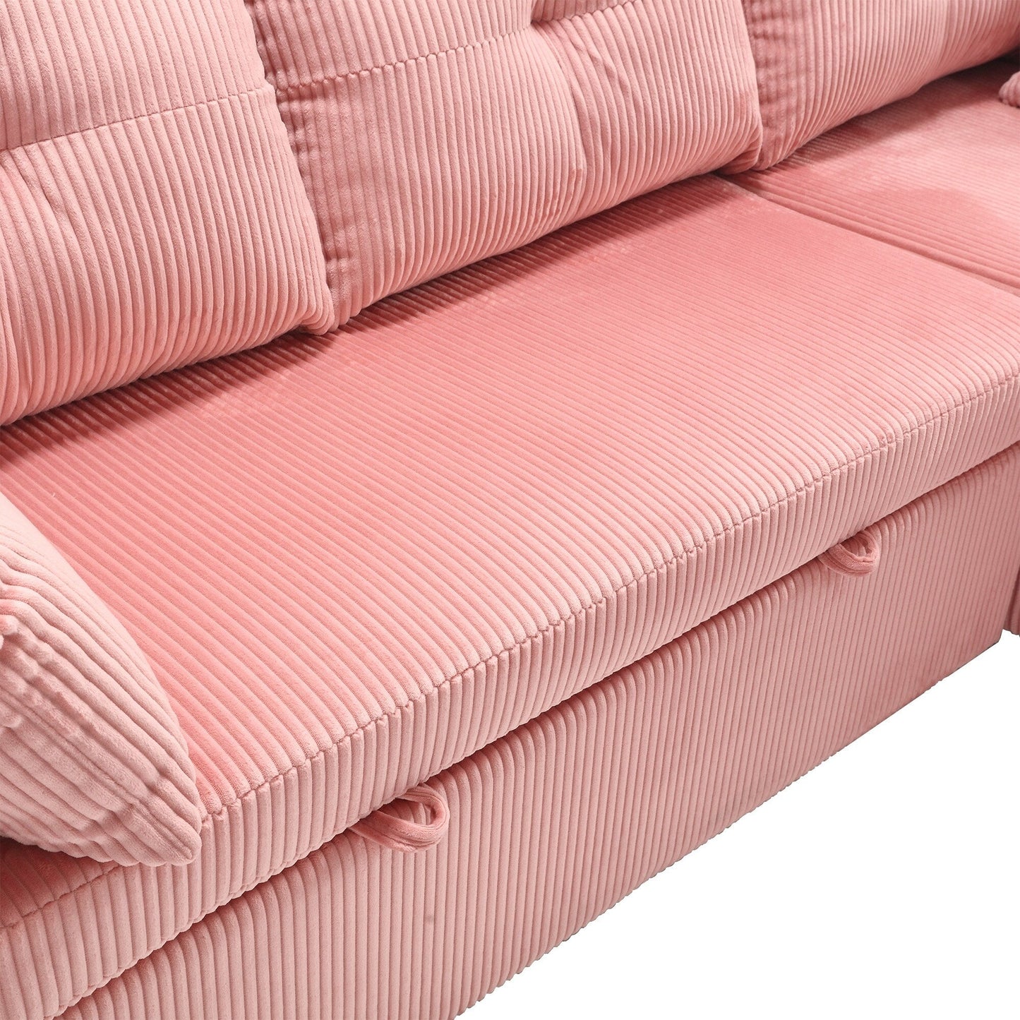 Divano a L in tessuto rosa 81.1 con chaise longue reversibile, contenitore e struttura in legno massello