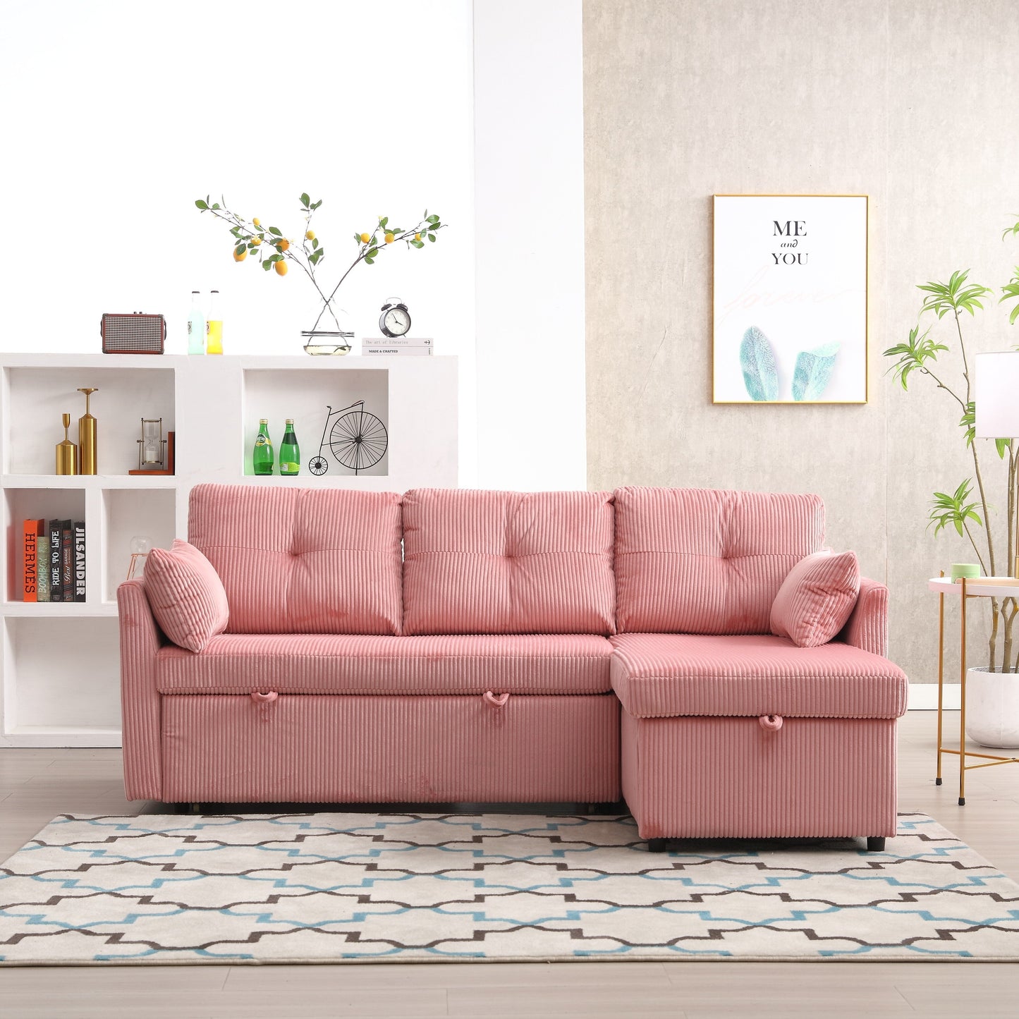 Divano a L in tessuto rosa 81.1 con chaise longue reversibile, contenitore e struttura in legno massello