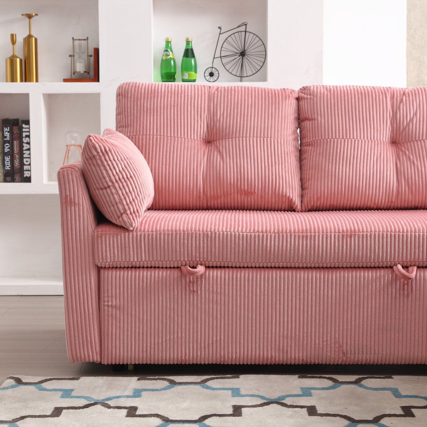Divano a L in tessuto rosa 81.1 con chaise longue reversibile, contenitore e struttura in legno massello