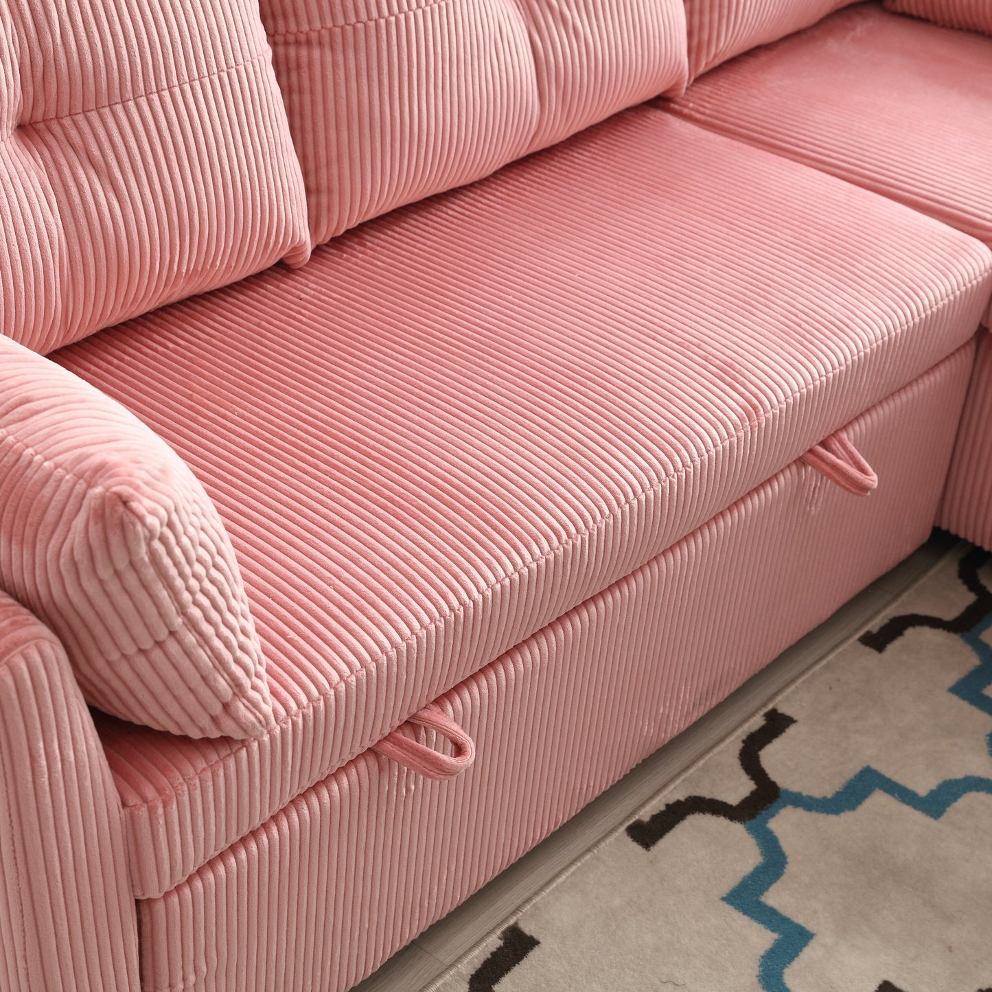 Divano a L in tessuto rosa 81.1 con chaise longue reversibile, contenitore e struttura in legno massello