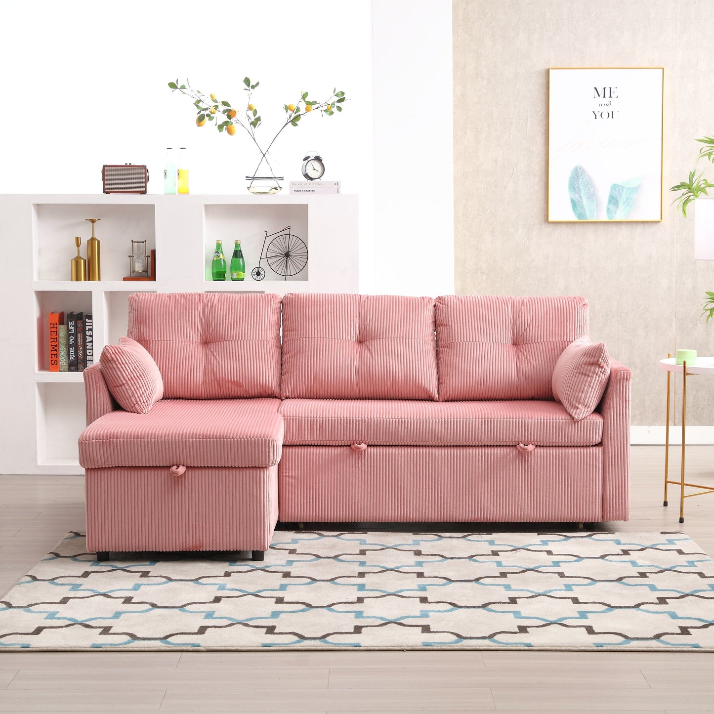 Divano a L in tessuto rosa 81.1 con chaise longue reversibile, contenitore e struttura in legno massello
