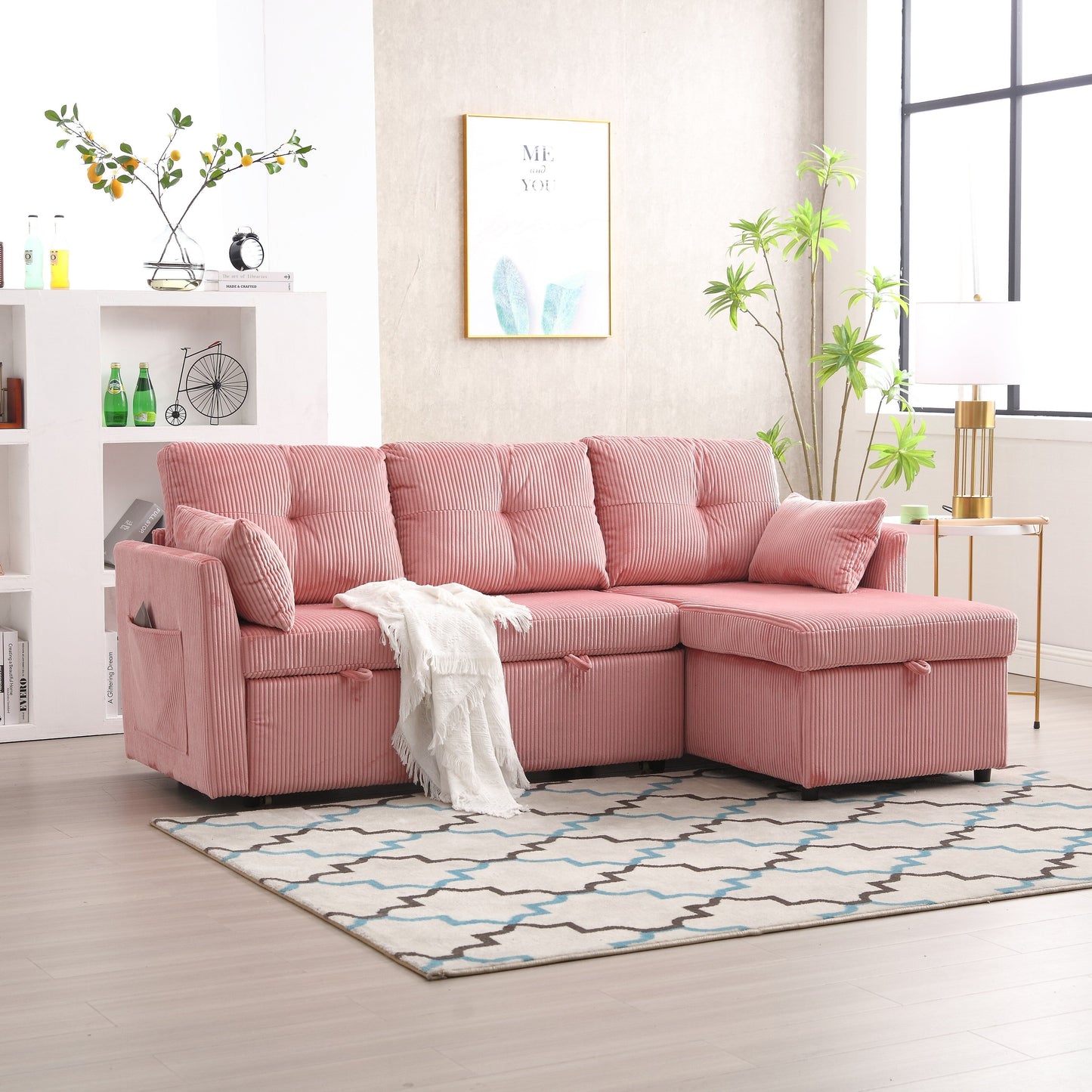 Divano a L in tessuto rosa 81.1 con chaise longue reversibile, contenitore e struttura in legno massello