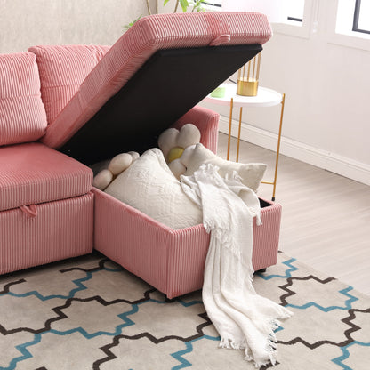 Divano a 3 posti a forma di L in velluto a coste rosa da 81,1'', con chaise longue reversibile, sedili contenitore, struttura in legno massello