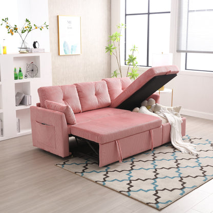 Divano a 3 posti a forma di L in velluto a coste rosa da 81,1'', con chaise longue reversibile, sedili contenitore, struttura in legno massello