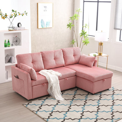Divano a 3 posti a L in velluto a coste rosa da 81,1'' con chaise longue reversibile, contenitore e struttura in legno massello