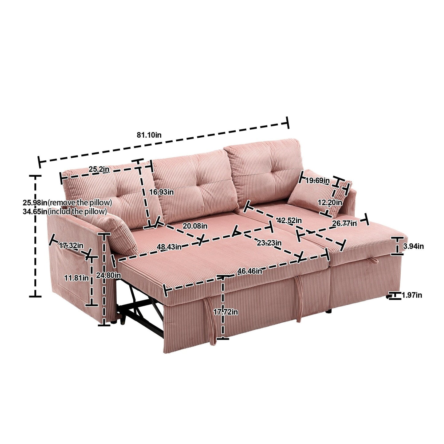 Divano a L in tessuto rosa da 81,1'' con chaise longue reversibile, contenitore, struttura in legno massello e seduta in schiuma