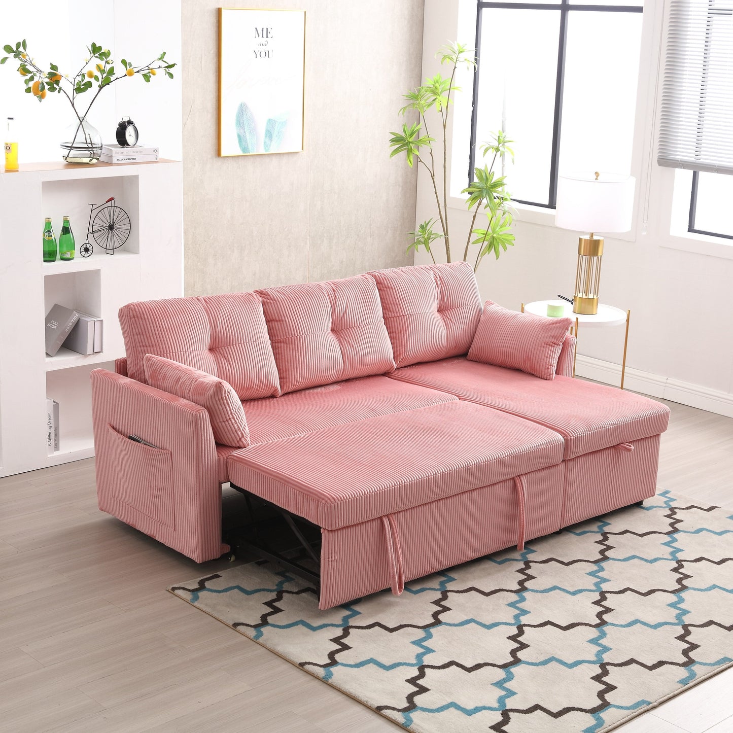 Divano a L in tessuto rosa da 81,1'' con chaise longue reversibile, contenitore, struttura in legno massello e seduta in schiuma