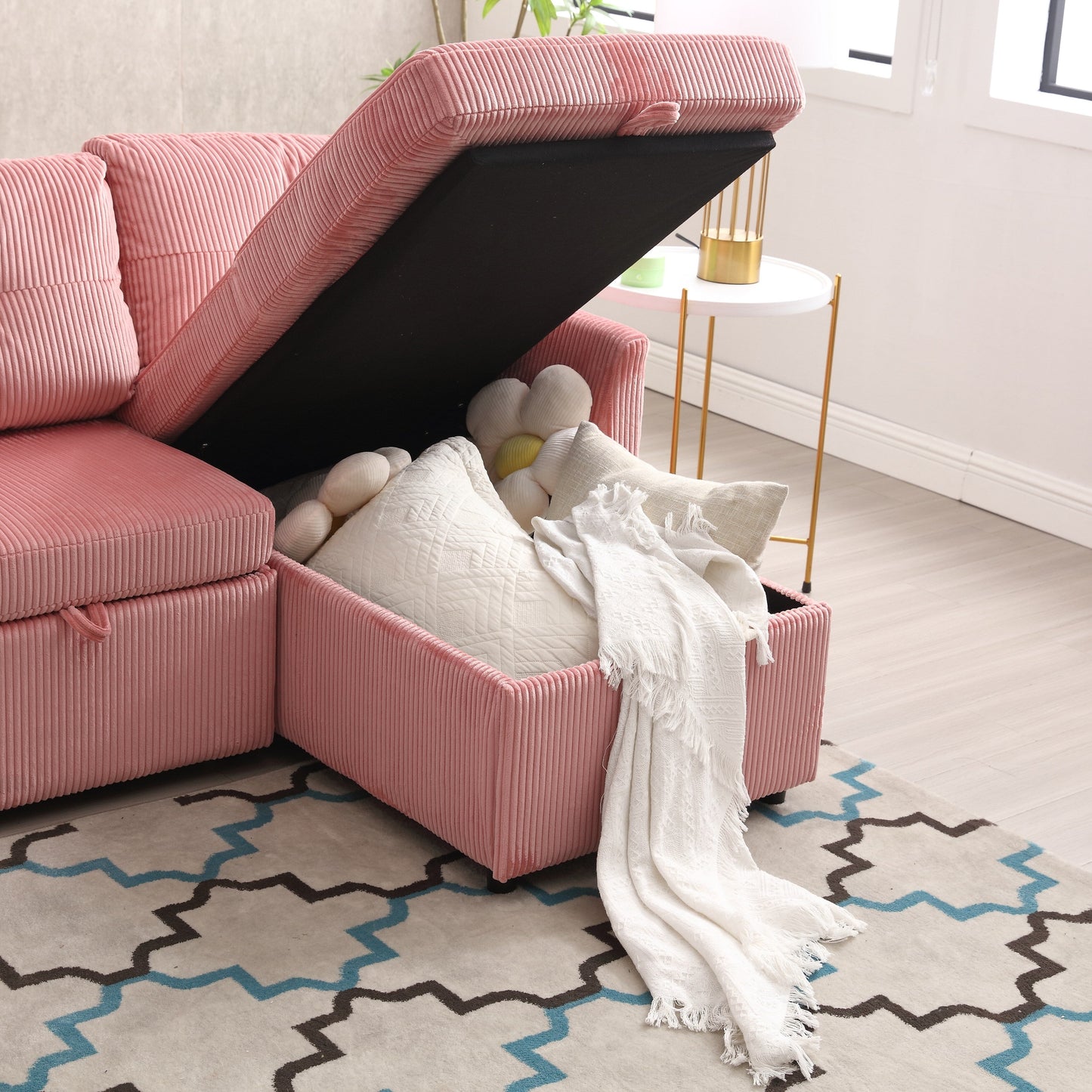 Divano a L rosa da 81,1'' con chaise longue reversibile e contenitore