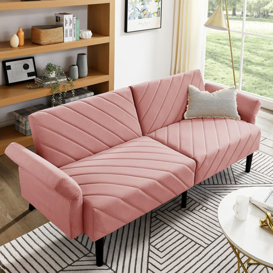 Divano letto futon trasformabile in velluto rosa 87 con braccioli regolabili per soggiorno