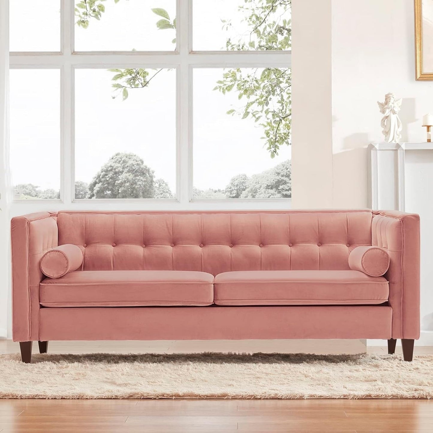 Divano a due posti in velluto rosa, stile Mid-Century Modern, anni '70, con bottoni, cuscini di supporto e gambe in legno, per soggiorno