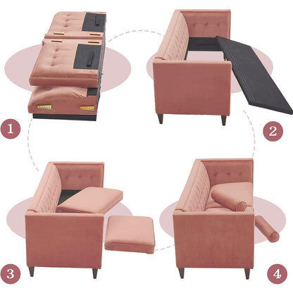 Divano a due posti in velluto rosa, stile Mid-Century Modern, anni '70, con bottoni, cuscini di supporto e gambe in legno, per soggiorno