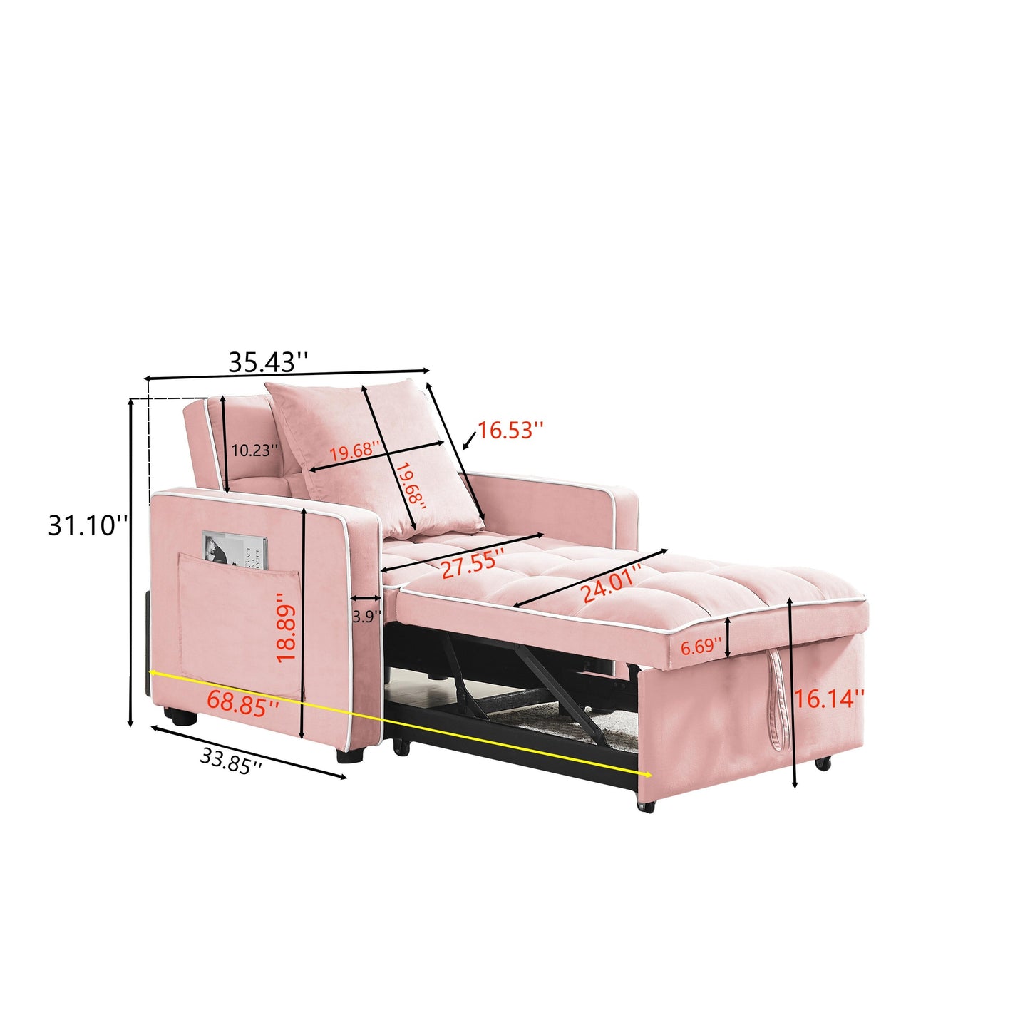 Divano letto singolo 3 in 1 in velluto rosa moderno da 35,43 cm con schienale regolabile e tasca per soggiorno