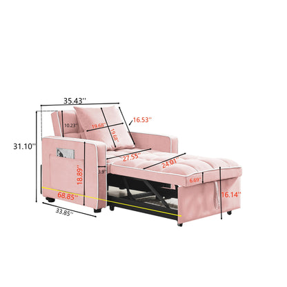 Divano letto singolo 3 in 1 in velluto rosa moderno da 35,43 cm con schienale regolabile e tasca per soggiorno