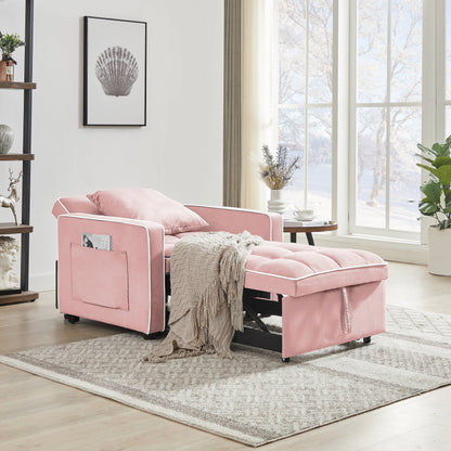 Divano letto singolo 3 in 1 in velluto rosa moderno da 35,43 cm con schienale regolabile e tasca per soggiorno
