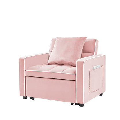 Divano letto singolo 3 in 1 in velluto rosa moderno da 35,43 cm con schienale regolabile e tasca per soggiorno