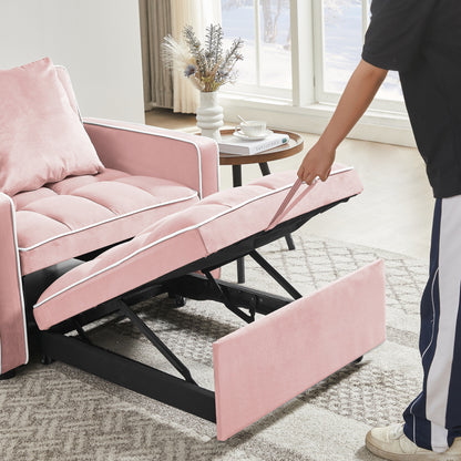 Divano letto singolo 3 in 1 in velluto rosa moderno da 35,43 cm con schienale regolabile e tasca per soggiorno
