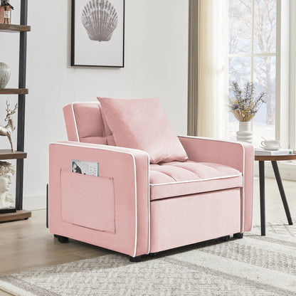Divano letto singolo 3 in 1 in velluto rosa moderno da 35,43 cm con schienale regolabile e tasca per soggiorno
