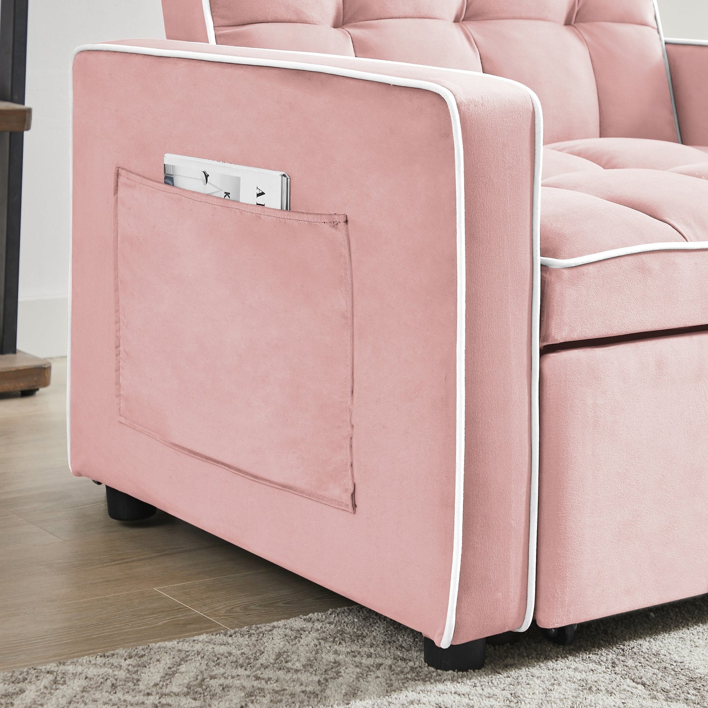 Divano letto singolo 3 in 1 in velluto rosa moderno da 35,43 cm con schienale regolabile e tasca per soggiorno