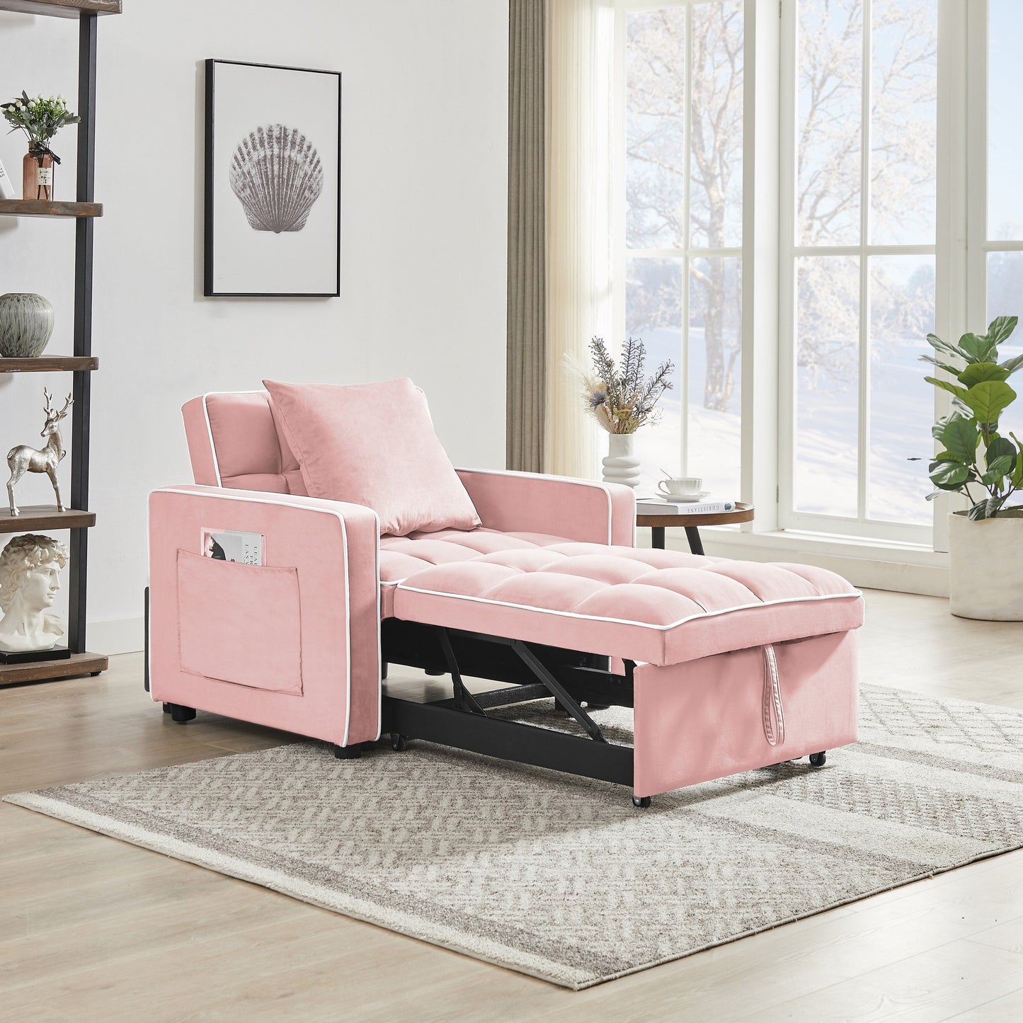 Divano letto singolo 3 in 1 in velluto rosa moderno da 35,43 cm con schienale regolabile e tasca per soggiorno