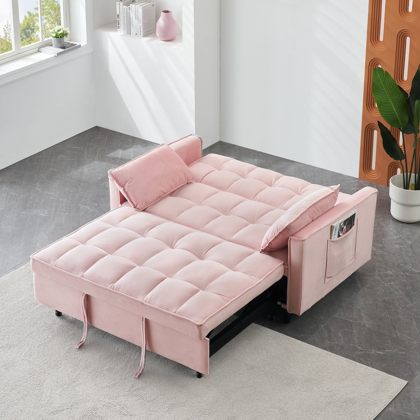 Divano letto estraibile in velluto rosa moderno da 54,3 pollici con schienale regolabile e cuscini per soggiorno