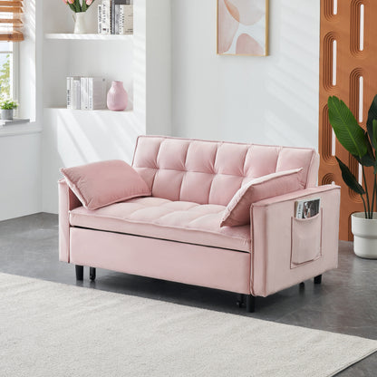 Divano letto trasformabile in velluto 3 in 1 moderno rosa da 55 pollici con schienale e cuscini per soggiorno