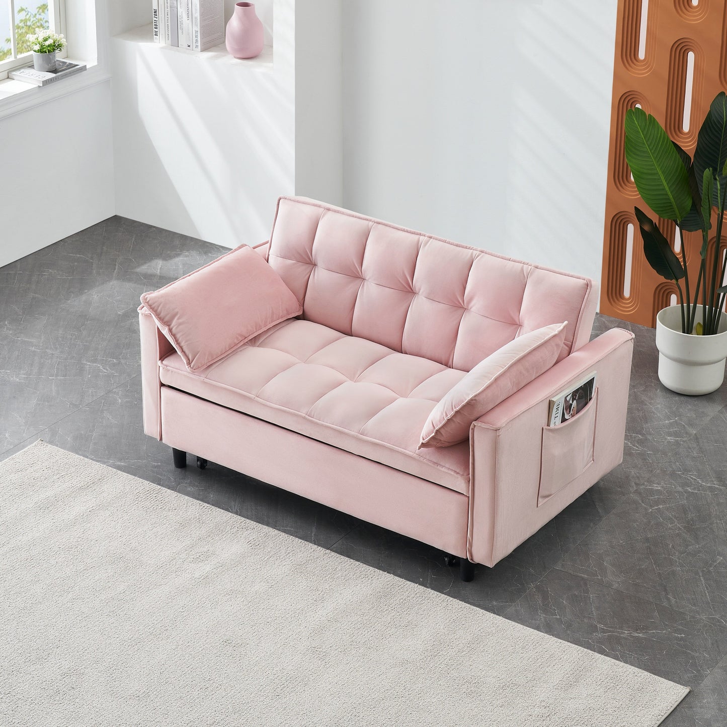 Divano letto trasformabile in velluto 3 in 1 moderno rosa da 55 pollici con schienale e cuscini per soggiorno