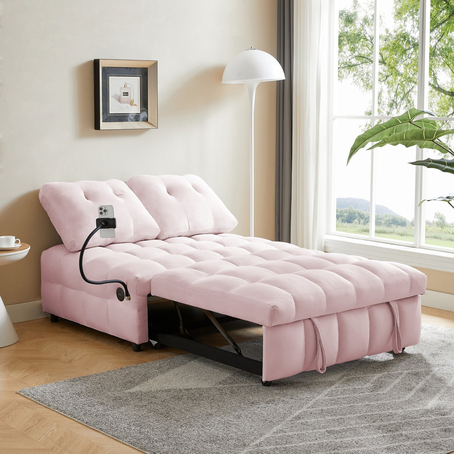 Divano letto estraibile con schienale rimovibile in velluto rosa moderno da 74 pollici, porta USB e supporto girevole per telefono