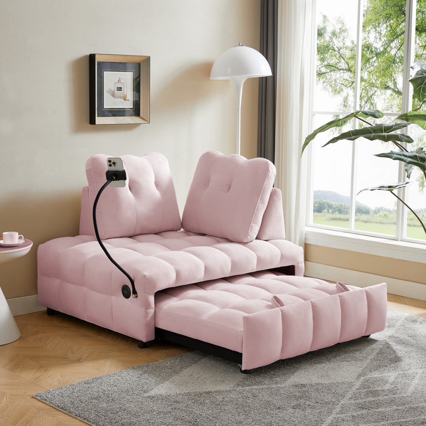 Divano letto estraibile con schienale rimovibile in velluto rosa moderno da 74 pollici, porta USB e supporto girevole per telefono