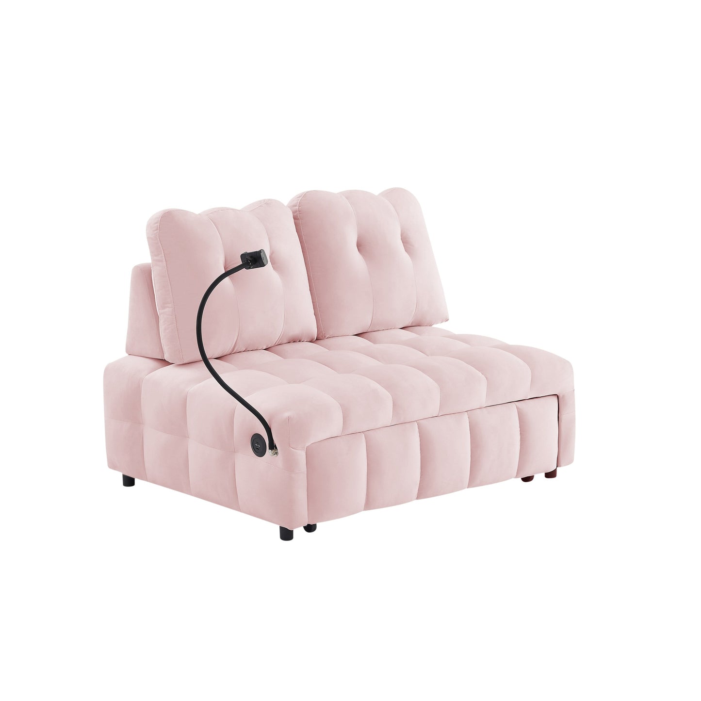 Divano letto estraibile con schienale rimovibile in velluto rosa moderno da 74 pollici, porta USB e supporto girevole per telefono
