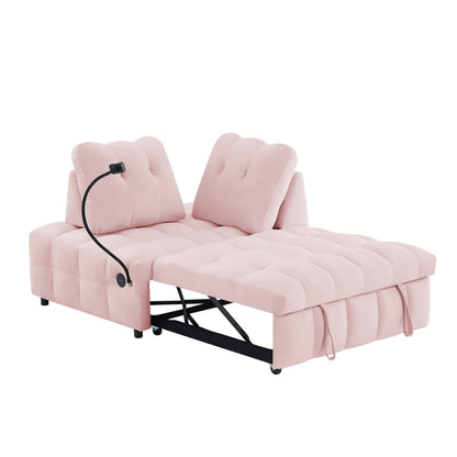 Divano letto estraibile con schienale rimovibile in velluto rosa moderno da 74 pollici, porta USB e supporto girevole per telefono
