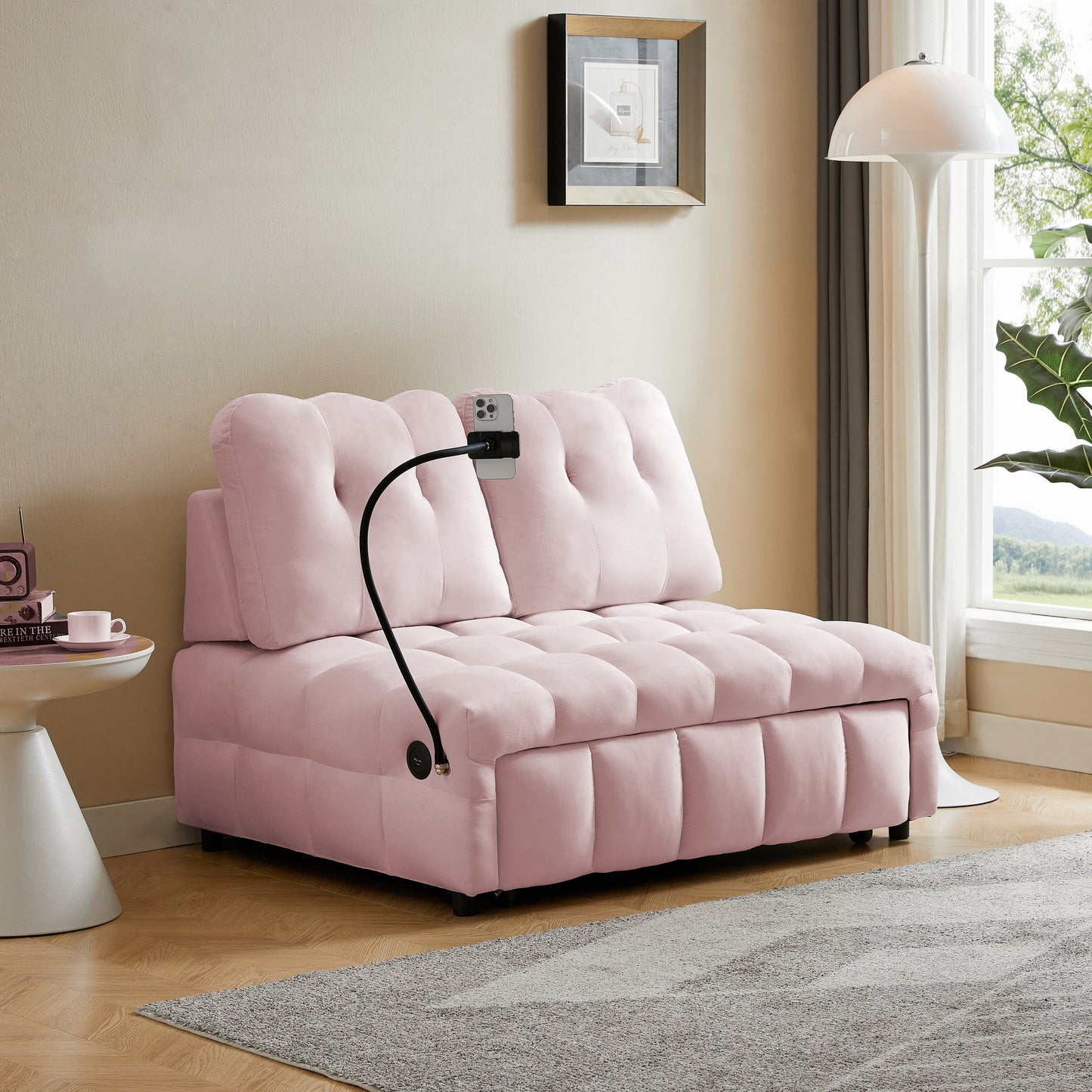 Divano letto estraibile con schienale rimovibile in velluto rosa moderno da 74 pollici, porta USB e supporto girevole per telefono