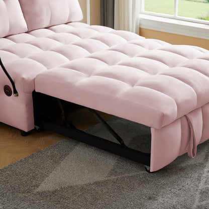 Divano letto estraibile con schienale rimovibile in velluto rosa moderno da 74 pollici, porta USB e supporto girevole per telefono