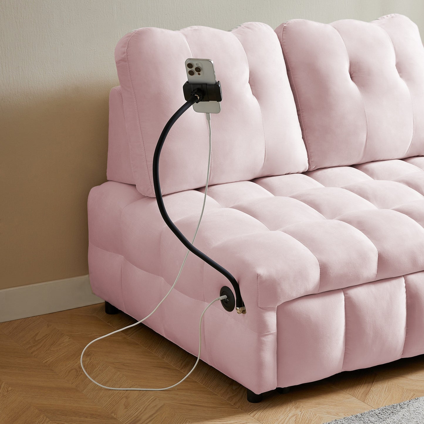 Divano letto estraibile con schienale rimovibile in velluto rosa moderno da 74 pollici, porta USB e supporto girevole per telefono