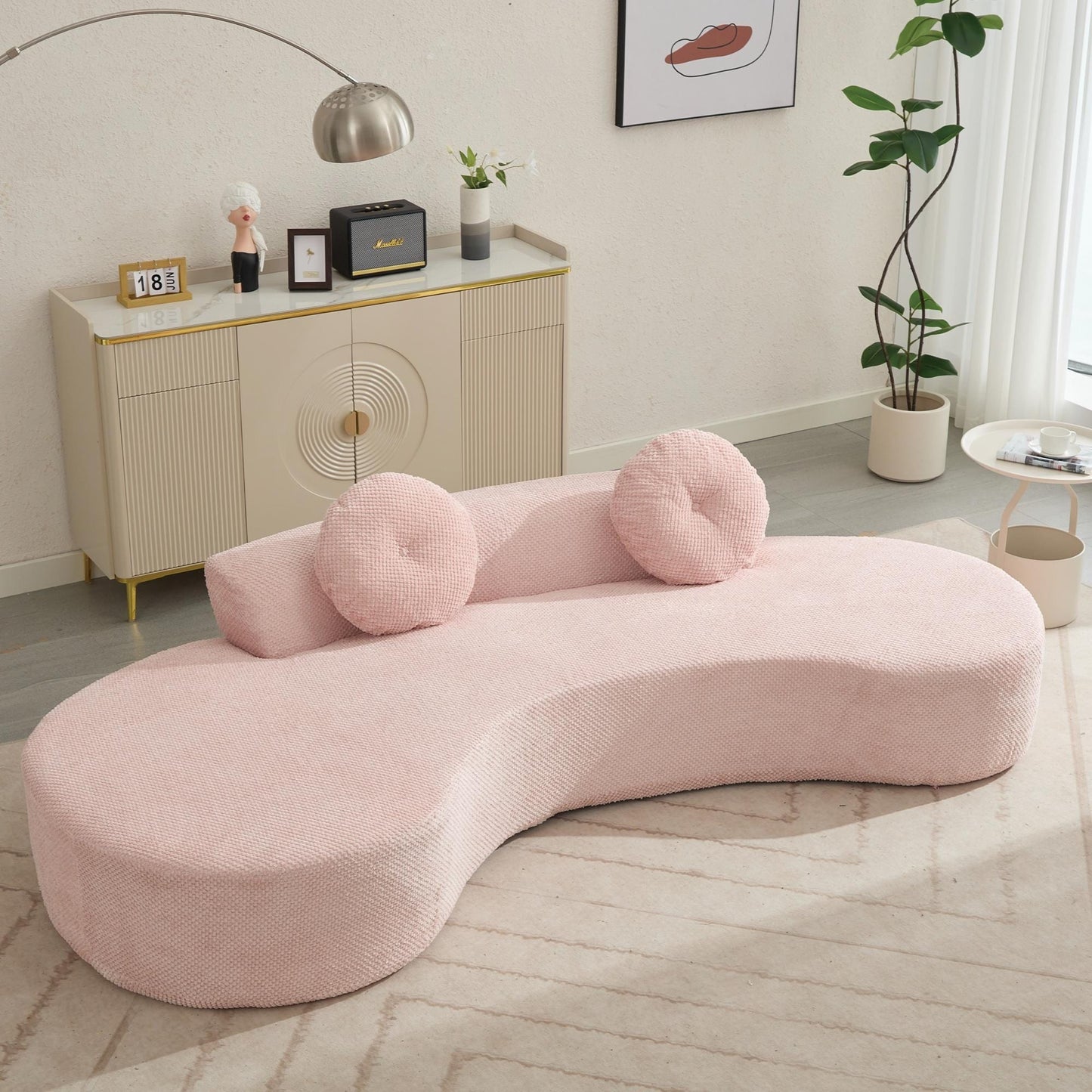 Divano moderno minimalista rosa 105,5 in velluto a coste curvo con 2 cuscini, non richiede montaggio