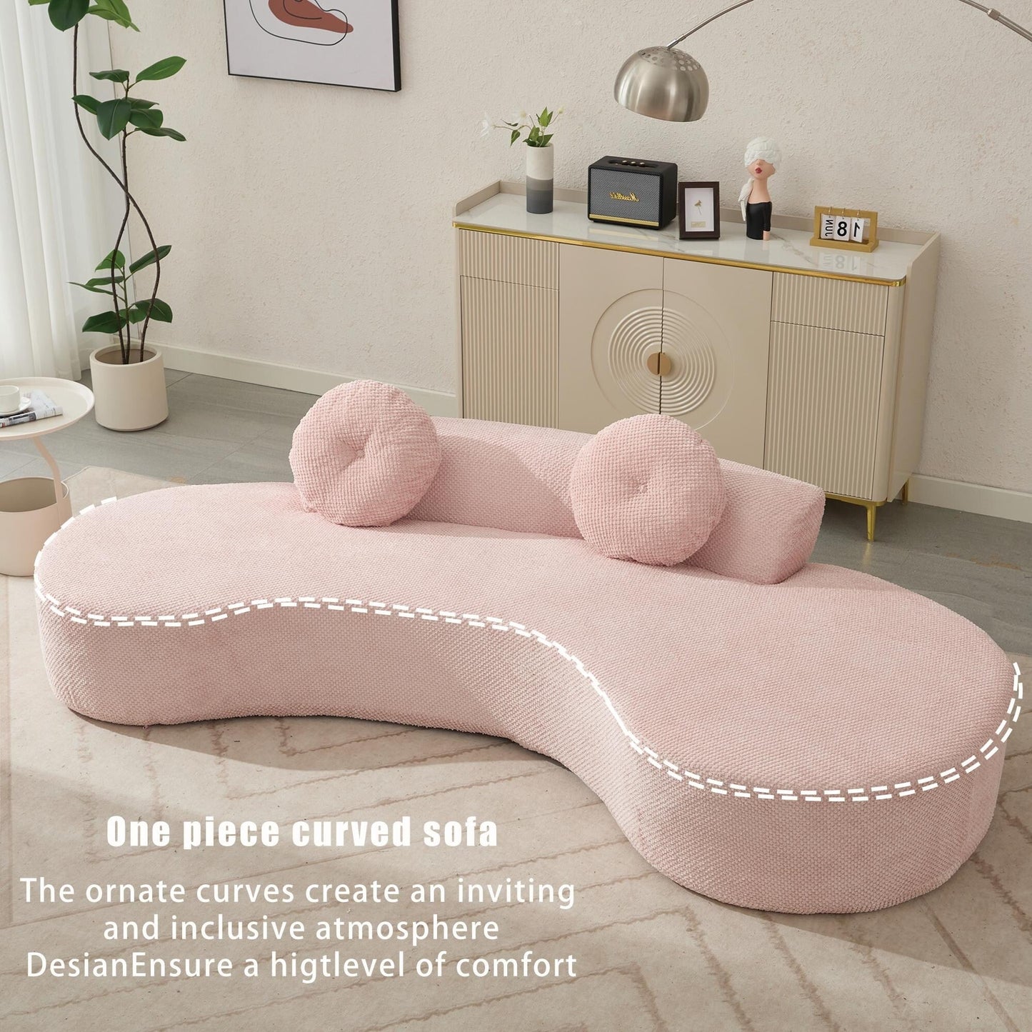 Divano moderno minimalista rosa 105,5 in velluto a coste curvo con 2 cuscini, non richiede montaggio