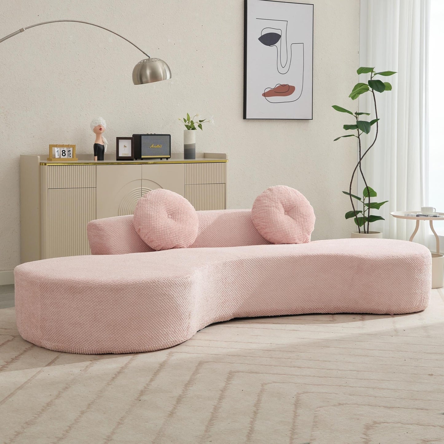 Divano moderno minimalista rosa 105,5 in velluto a coste curvo con 2 cuscini, non richiede montaggio