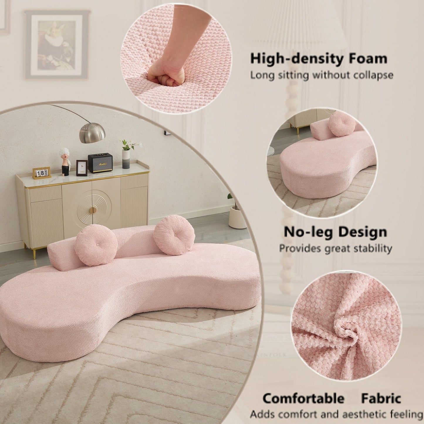 Divano moderno minimalista rosa 105,5 in velluto a coste curvo con 2 cuscini, non richiede montaggio