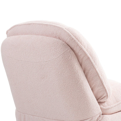 Poltrona reclinabile manuale girevole a 360° con poggiapiedi esteso e schienale imbottito in ciniglia rosa di grandi dimensioni