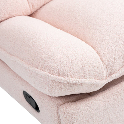 Poltrona reclinabile manuale girevole a 360° con poggiapiedi esteso e schienale imbottito in ciniglia rosa di grandi dimensioni