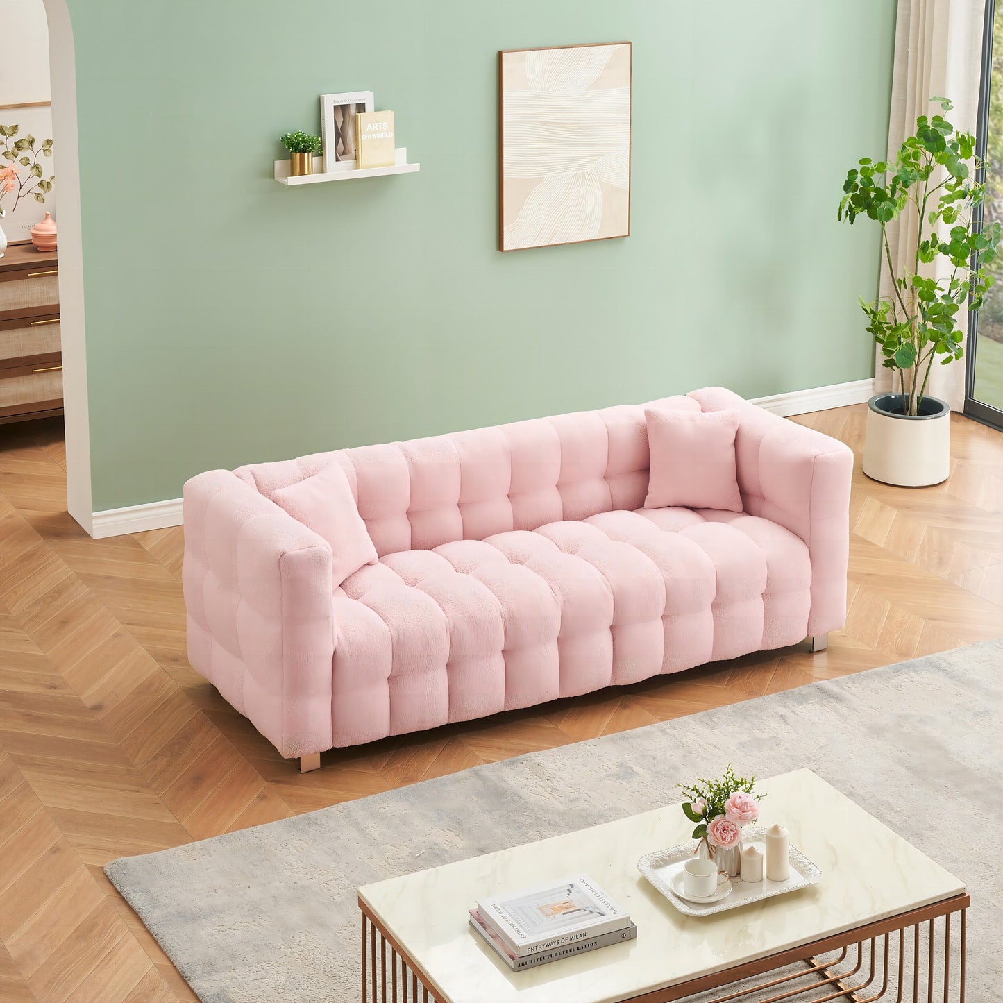Divano a 3 posti Pink Teddy con due cuscini decorativi