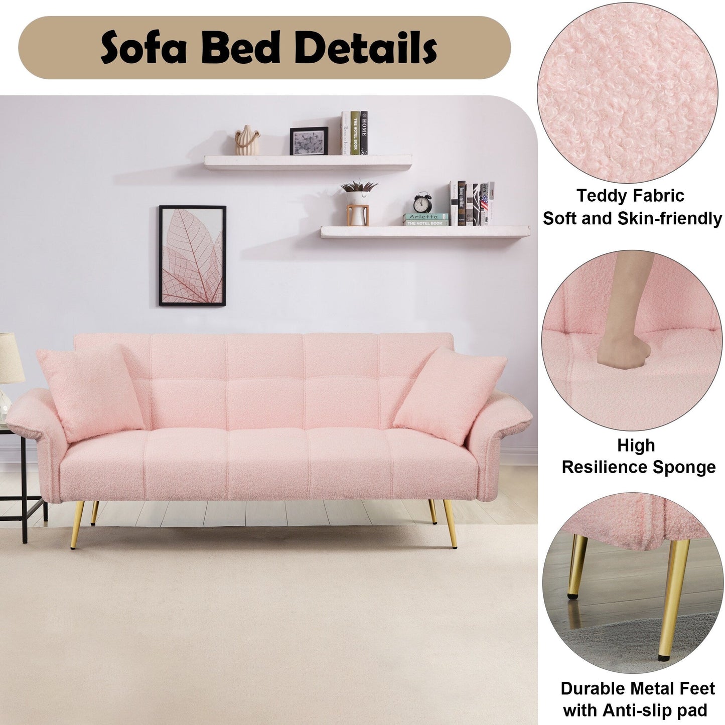 Divano letto futon convertibile in pile rosa Teddy