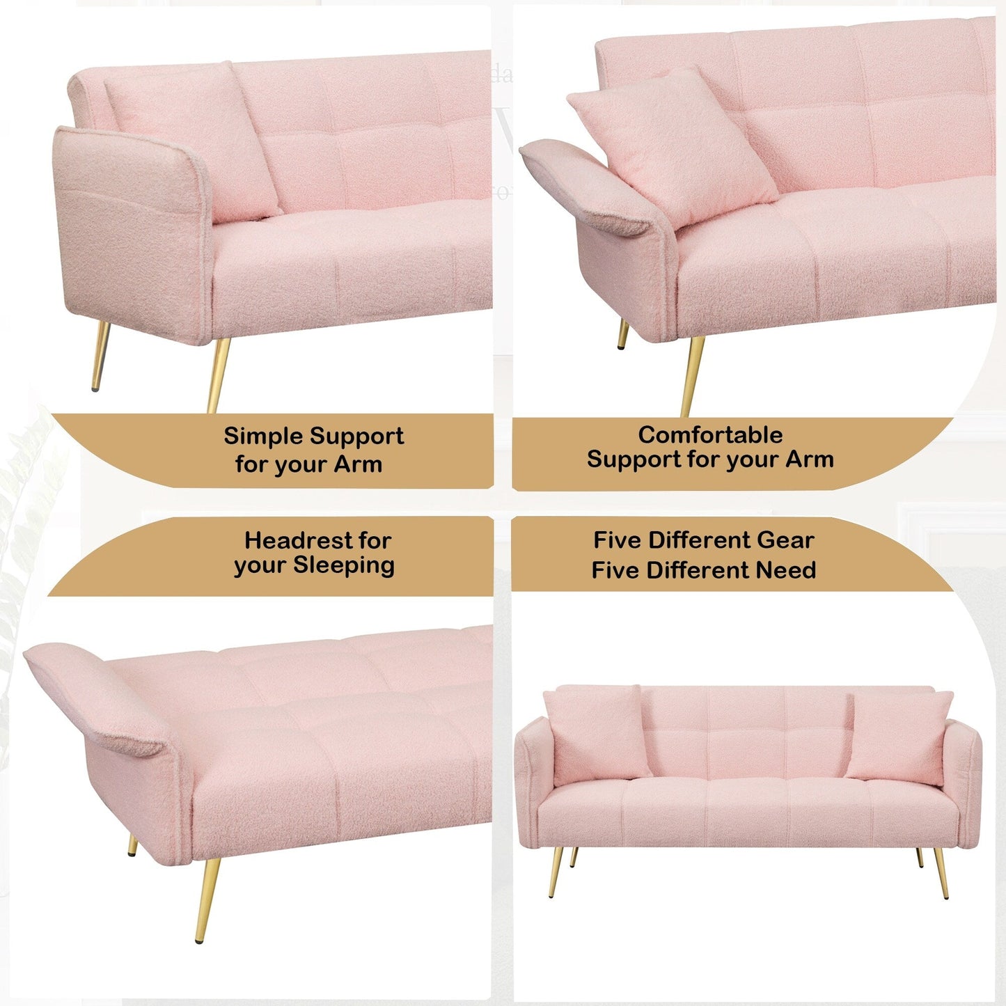 Divano letto futon convertibile in pile rosa Teddy
