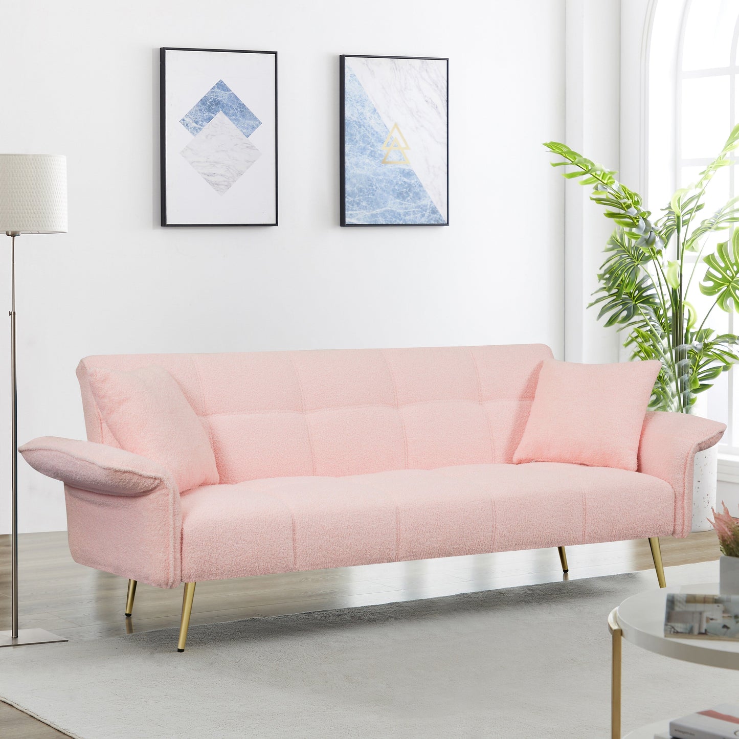 Divano letto futon convertibile in pile rosa Teddy
