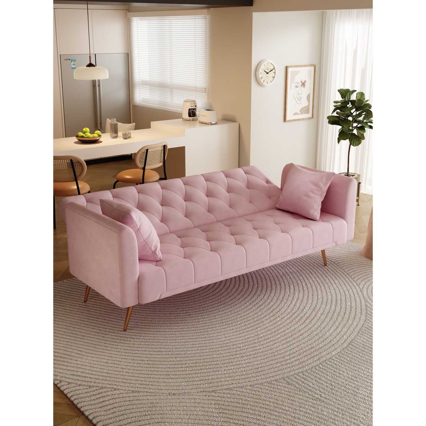 Divano letto trasformabile in velluto rosa a 3 posti con cuscini decorativi